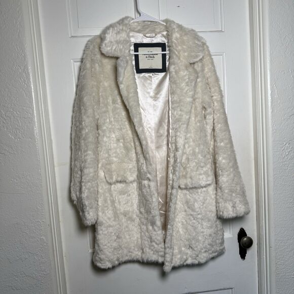 Abercrombie & Fitch Women’s White Faux Fur Coat Size Medium Longline Jacket - Picture 4 of 9